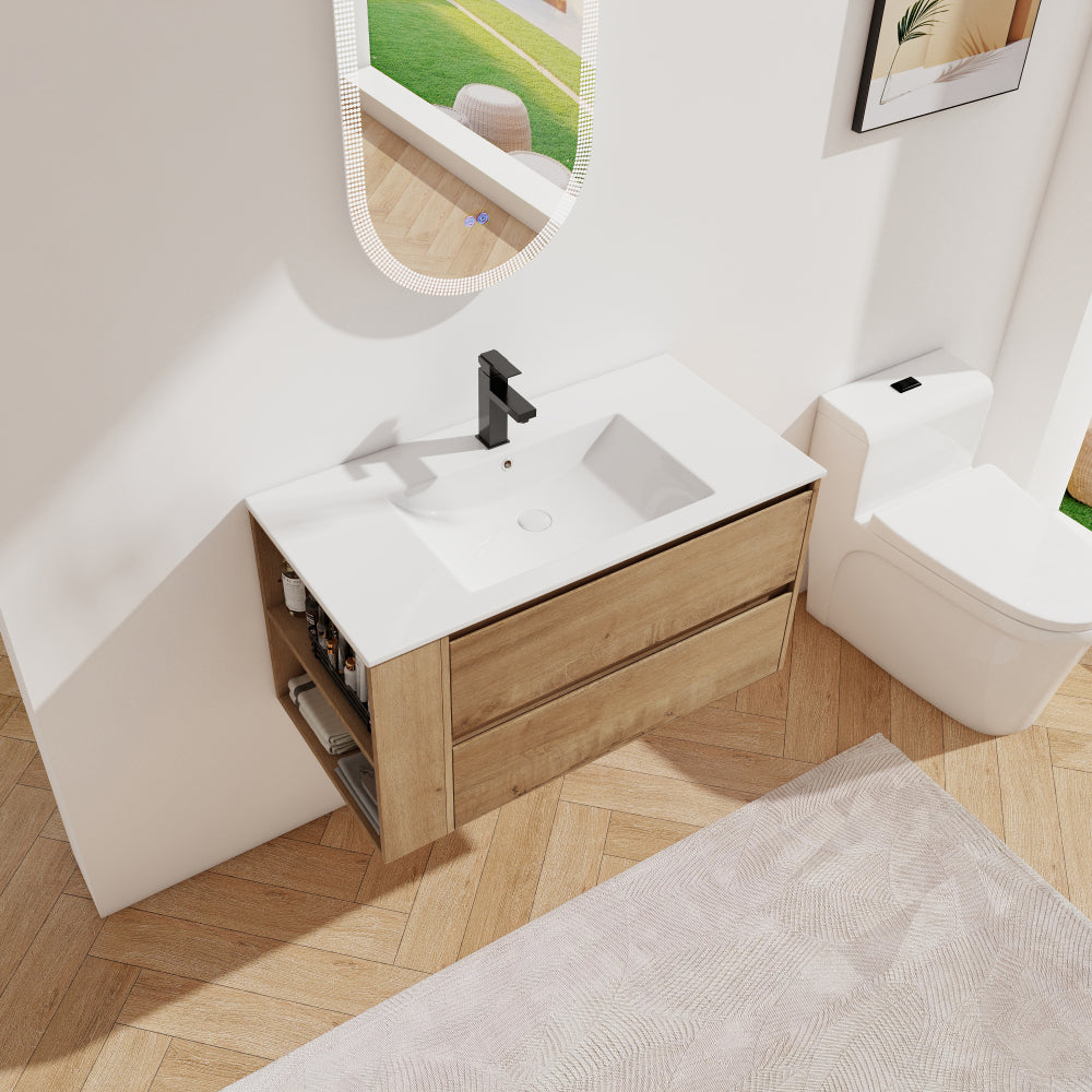 36" Wall Mounting Bathroom Vanity With Ceramic Sink, Soft Close Drawer
