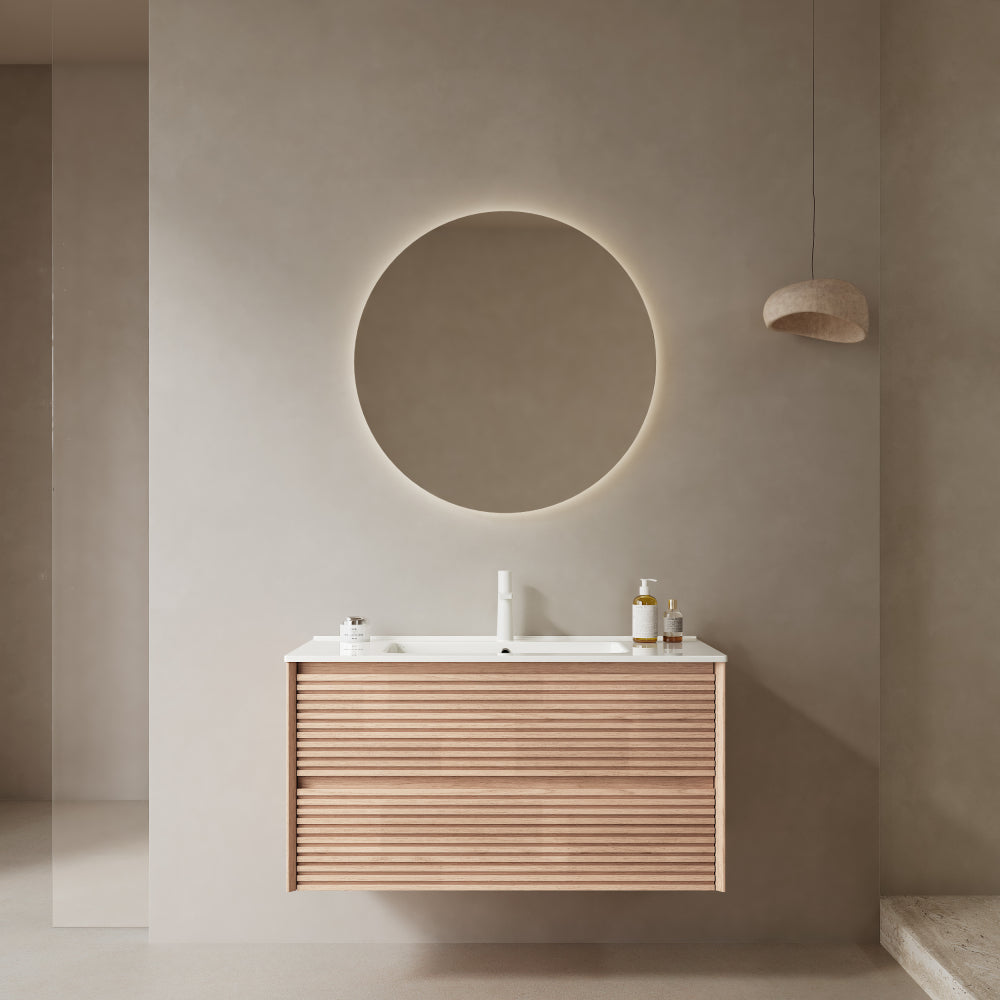 BRON 36" Bathroom Vanity with Sink, Modern Wall-Mounted Floating Plywood Bathroom Cabinet , 2 Drawers, White Ceramic Basin with Sink Hole Cover and Drain, Pre-assembled, Natural Walnut Woodgrain Color