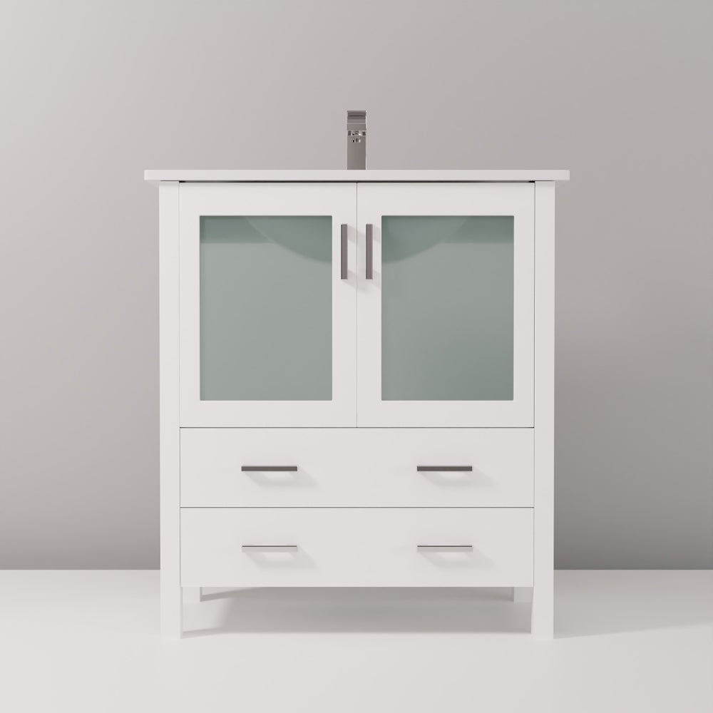 White Bath Vanity 30 in. W x 18.25 in. D, White Ceramic Top, and Faucet Set