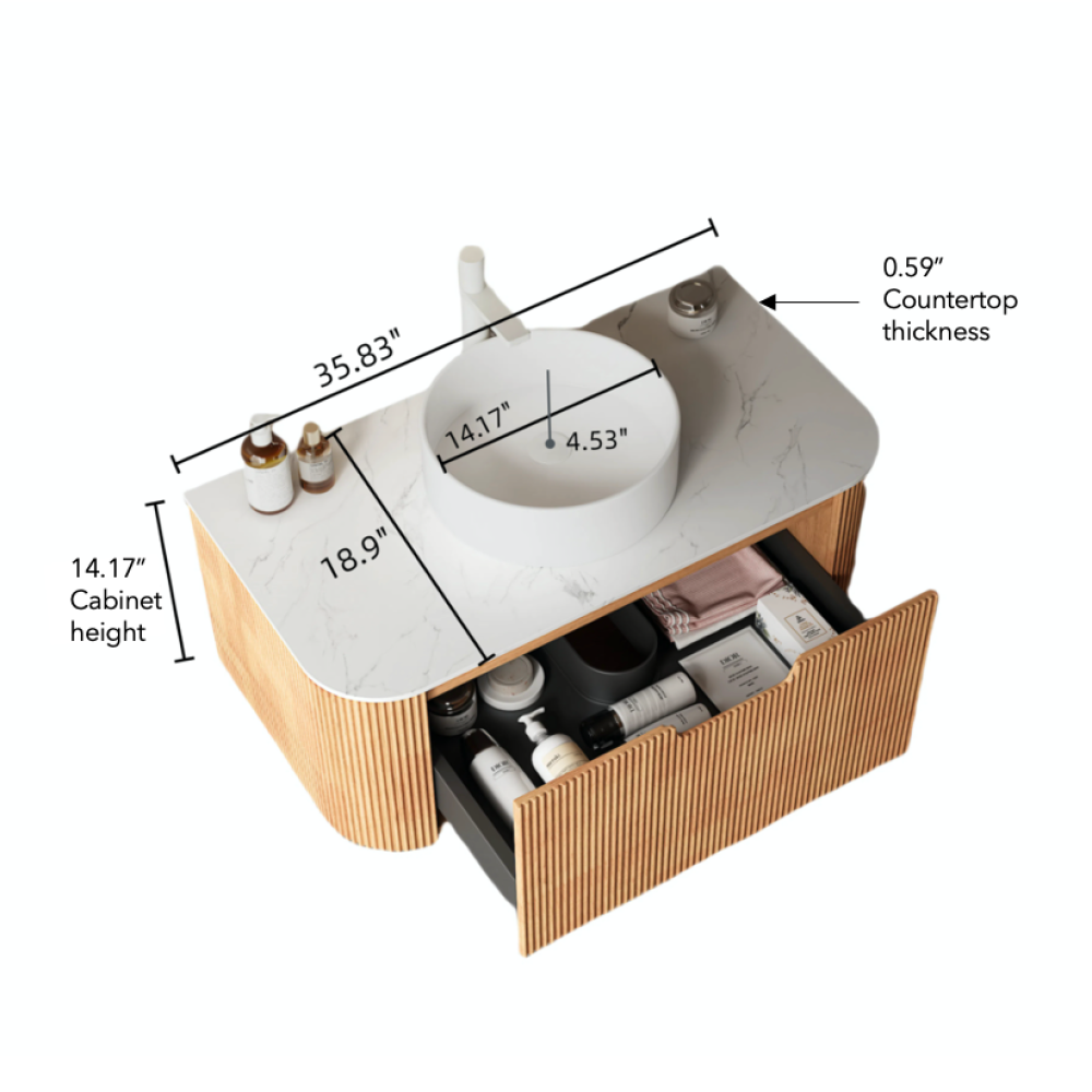 DINA 36" Bathroom Vanity with Sink, Wall-Mounted Floating Curved Edges Striped Bathroom Storage Cabinet with a Drawer, White Round Ceramic Basin without Faucet, Pre-assembled, Natural Woodgrain Color