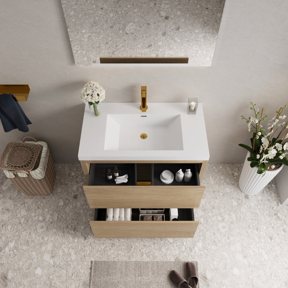 36" Freestanding Bathroom Vanity with Sink, Bathroom Storage Vanity Cabinet with Stone Resin Countertop and Soft Close Drawers, Natural Oak 24V14-36NO