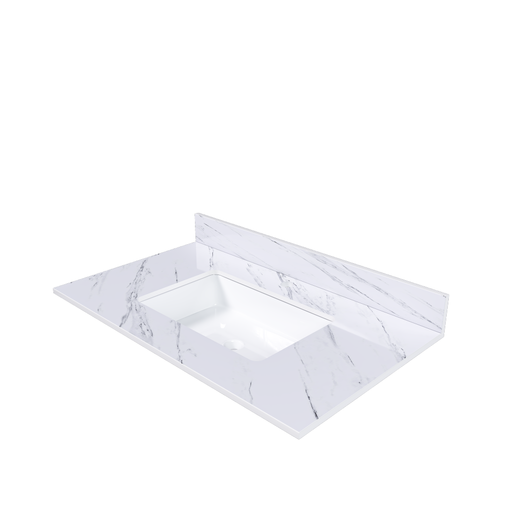 37 Inch Marble Vanity Top, White Vanity Top with 1 Pre-drilled Faucet Holes, Bathroom Vanity Top with Undermount Rectangular Middle Sink and 4" Height Backsplash, Bianco Carrara Venato