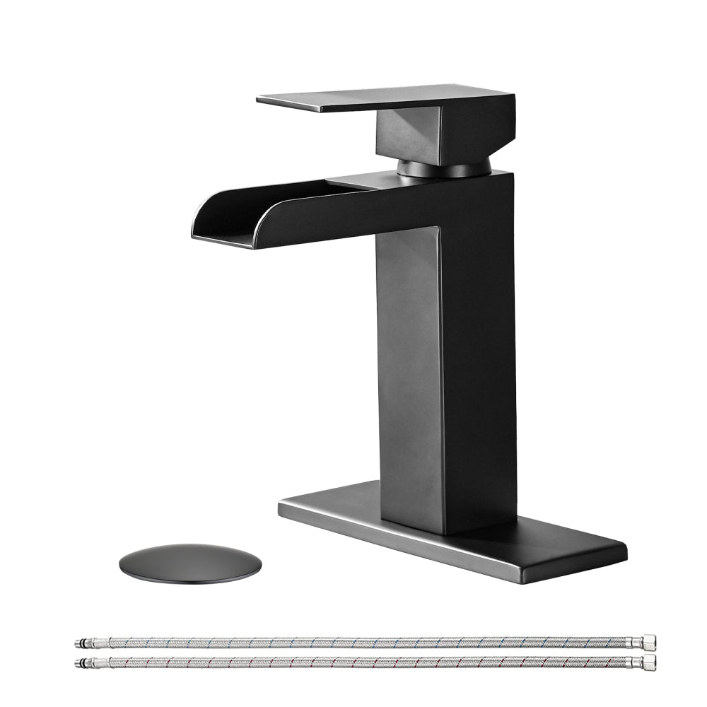 Waterfall Bathroom Faucet Brushed Nickel Single Handle Bathroom Sink Faucets 1 or 3 Hole Solid Vanity Faucet with Deck Plate & Overflow Pop Up Drain Brushed Nickel