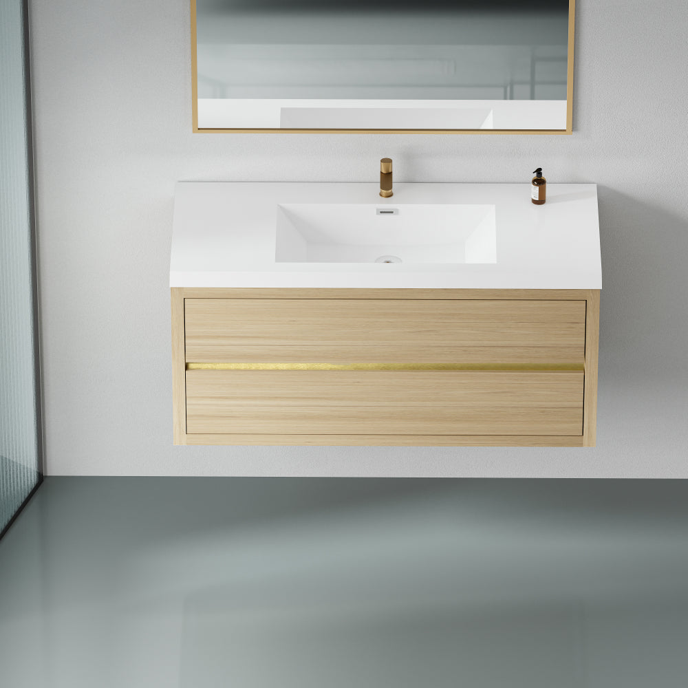 48" Wall-Mounted Bathroom Vanity with Sink, Floating Bathroom Storage Cabinet with Stone Resin Countertop and Soft Close Drawers, Natural Oak 24V15-48NO