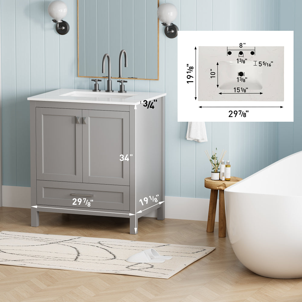 30" Freestanding Bathroom Vanity with Sink, Carrara Engineered Marble Vanity Top with Under-mounted Rectangular Ceramic Sink, Large Storage Soft-Close Door, Solid Wood Frame, Grey 24V03-30GR