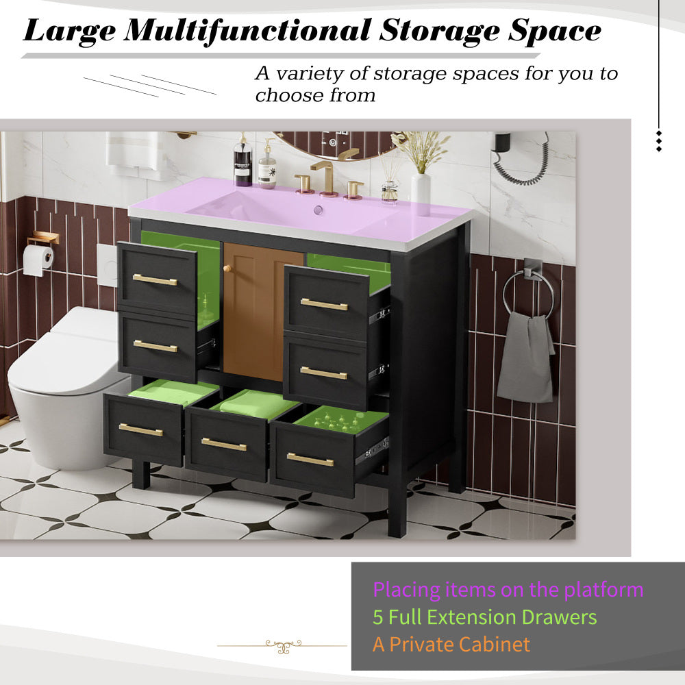 36'' Bathroom Vanity with Resin Sink Combo, Solid Wood Frame Bathroom Storage Cabinet, Freestanding Vanity Set with 5 Drawers& Soft Closing Doors (Same as N710S136002B+SW000142AAB )