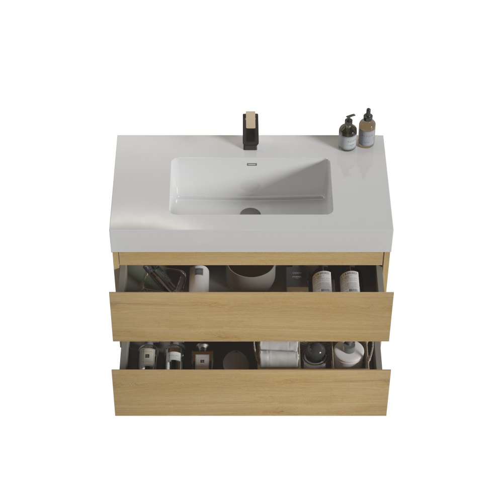U042-Alice36-106 Alice 36" Oak Bathroom Vanity with Black Sink, Large Storage Wall Mounted Floating Bathroom Vanity for Modern Bathroom, One-Piece Black Sink Basin without Drain, Pre-assembled