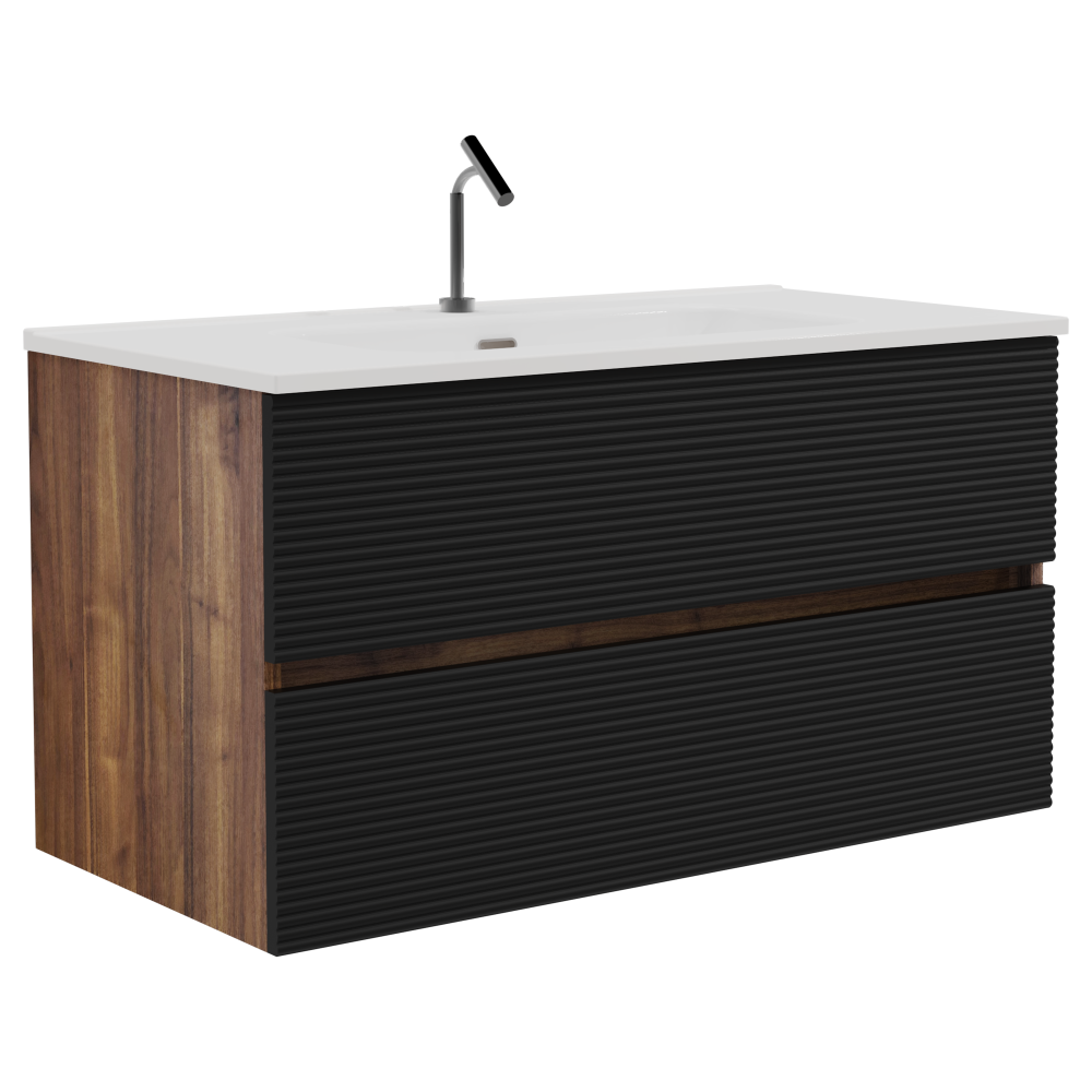 Gloria 36" Wall Mounted Soft Black & Walnut Bathroom Vanity with Integrated Ceramic Sink with Overflow, Large Storage Floating Bathroom Vanity for Modern Bathroom, Pre-assembled