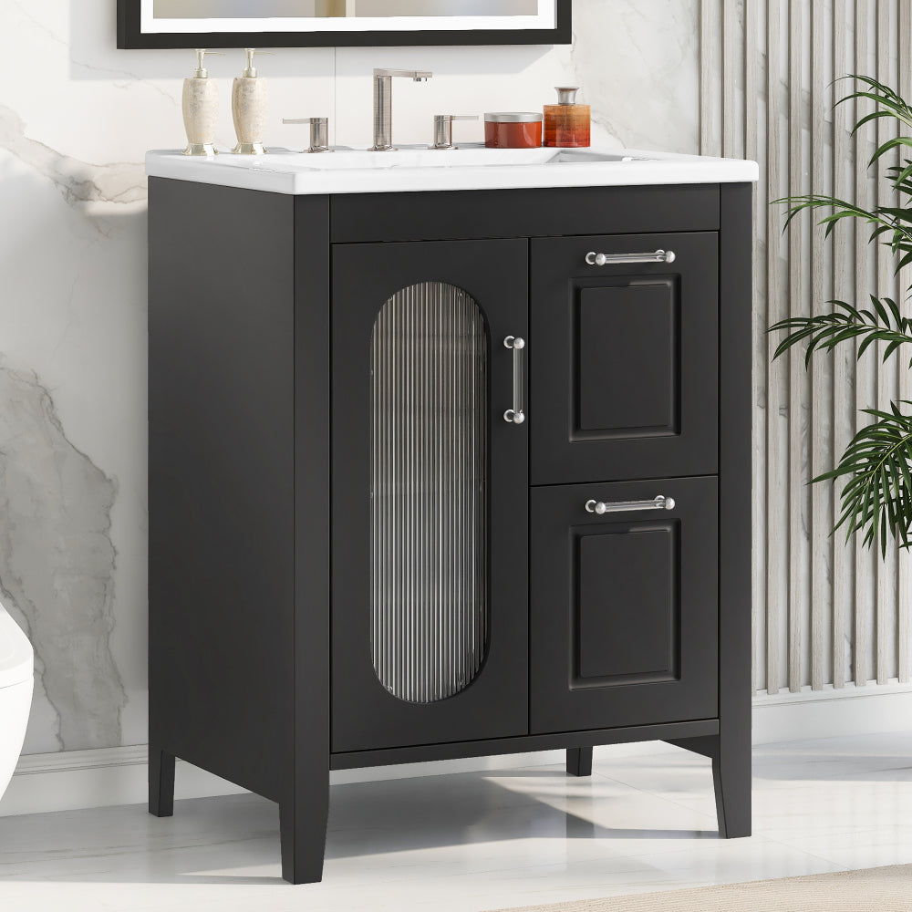 24" Bathroom Vanity with Sink, Bathroom Vanity Cabinet with Two Drawers and Door, Adjustable Shelf, Solid Wood and MDF, Black