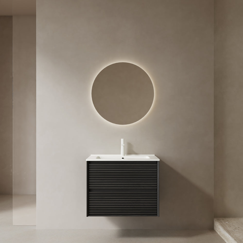 BRON 36" Bathroom Vanity with Sink, Modern Wall-Mounted Floating Plywood Bathroom Cabinet , 2 Drawers, White Ceramic Basin with Sink Hole Cover and Drain, Pre-assembled, Natural Walnut Woodgrain Color