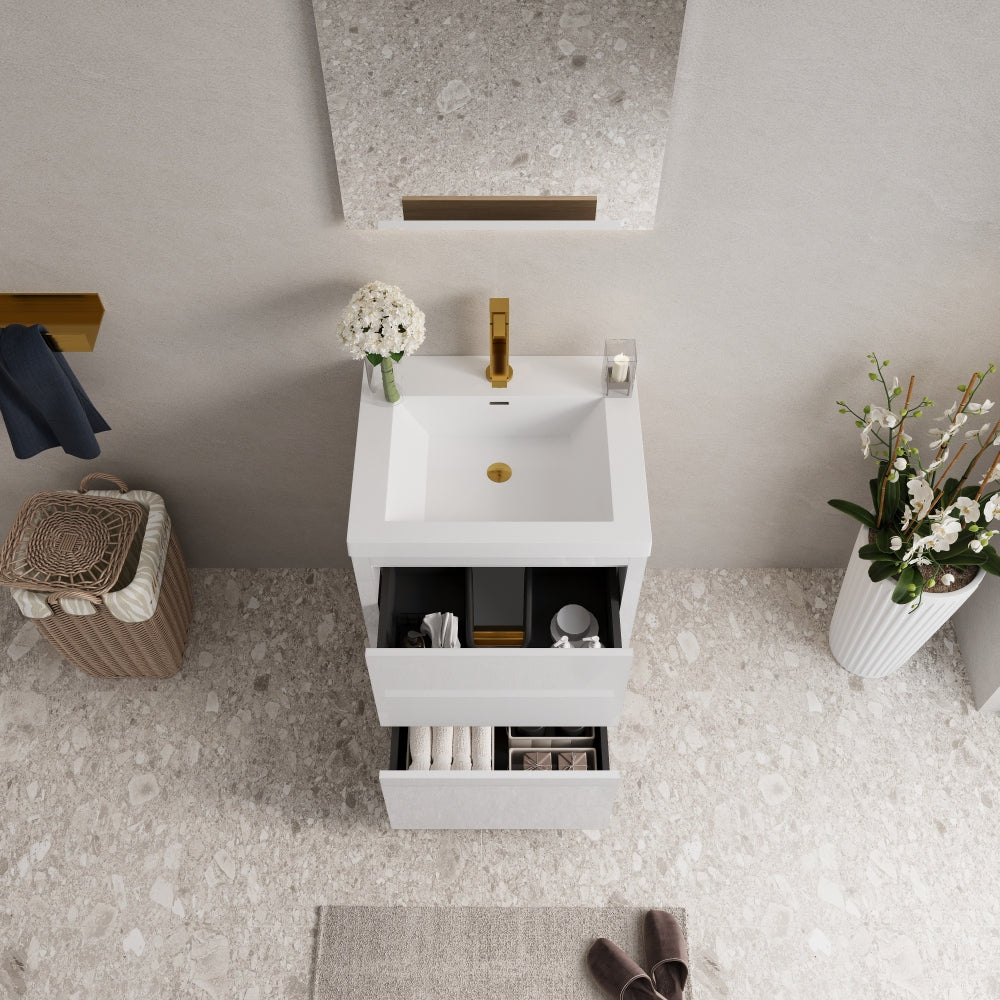24" Freestanding Bathroom Vanity with Sink, Bathroom Storage Vanity Cabinet with Stone Resin Countertop and Soft Close Drawers, Glossy White 24V14-24GW