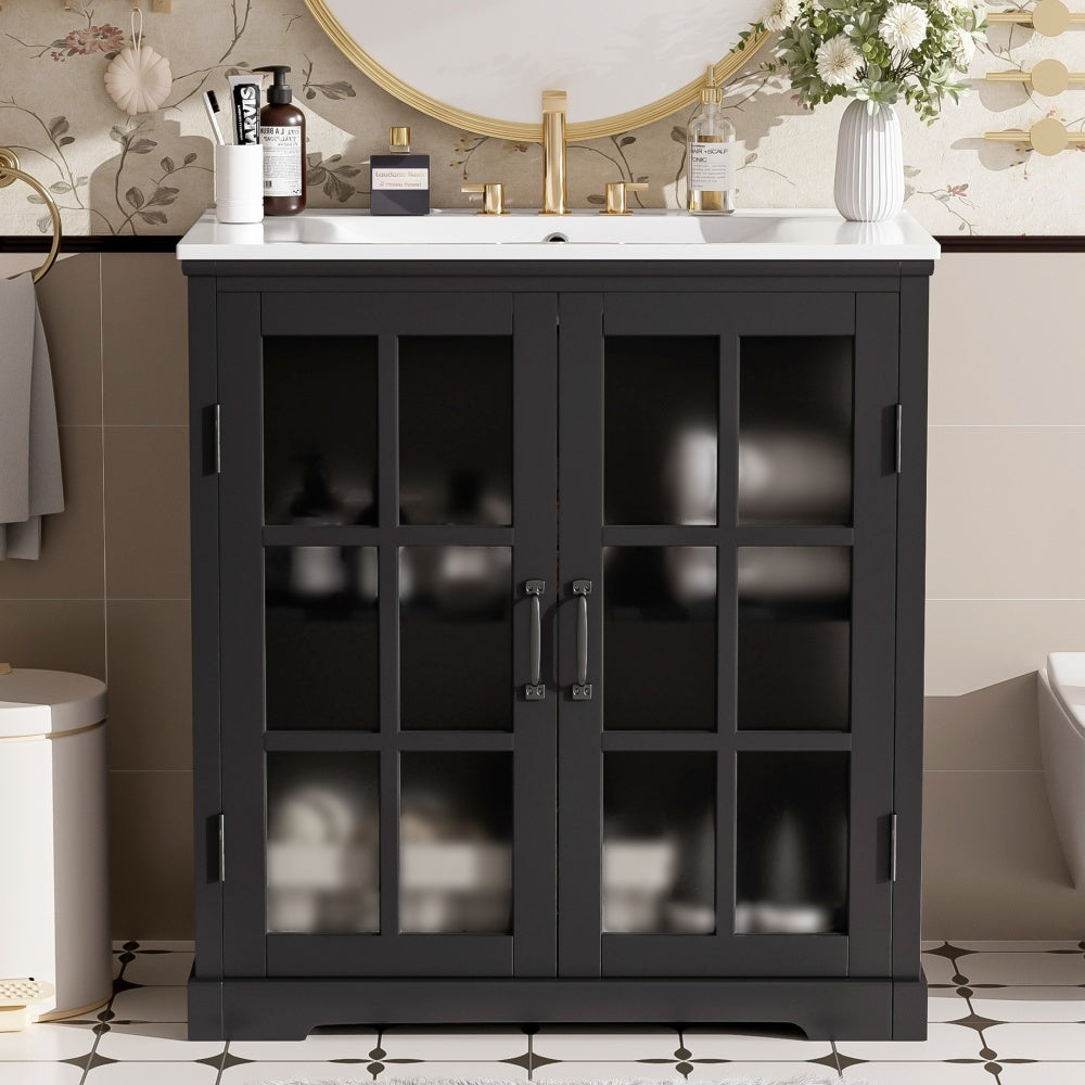 36" Modern Bathroom Vanity with Rectangle Ceramic Sink, Bathroom Cabinet with Large storage space and 45 Degrees Free-Handle Design Soft-Closing Doors, 1 Open Shelf at the Bottom, Dark Brown