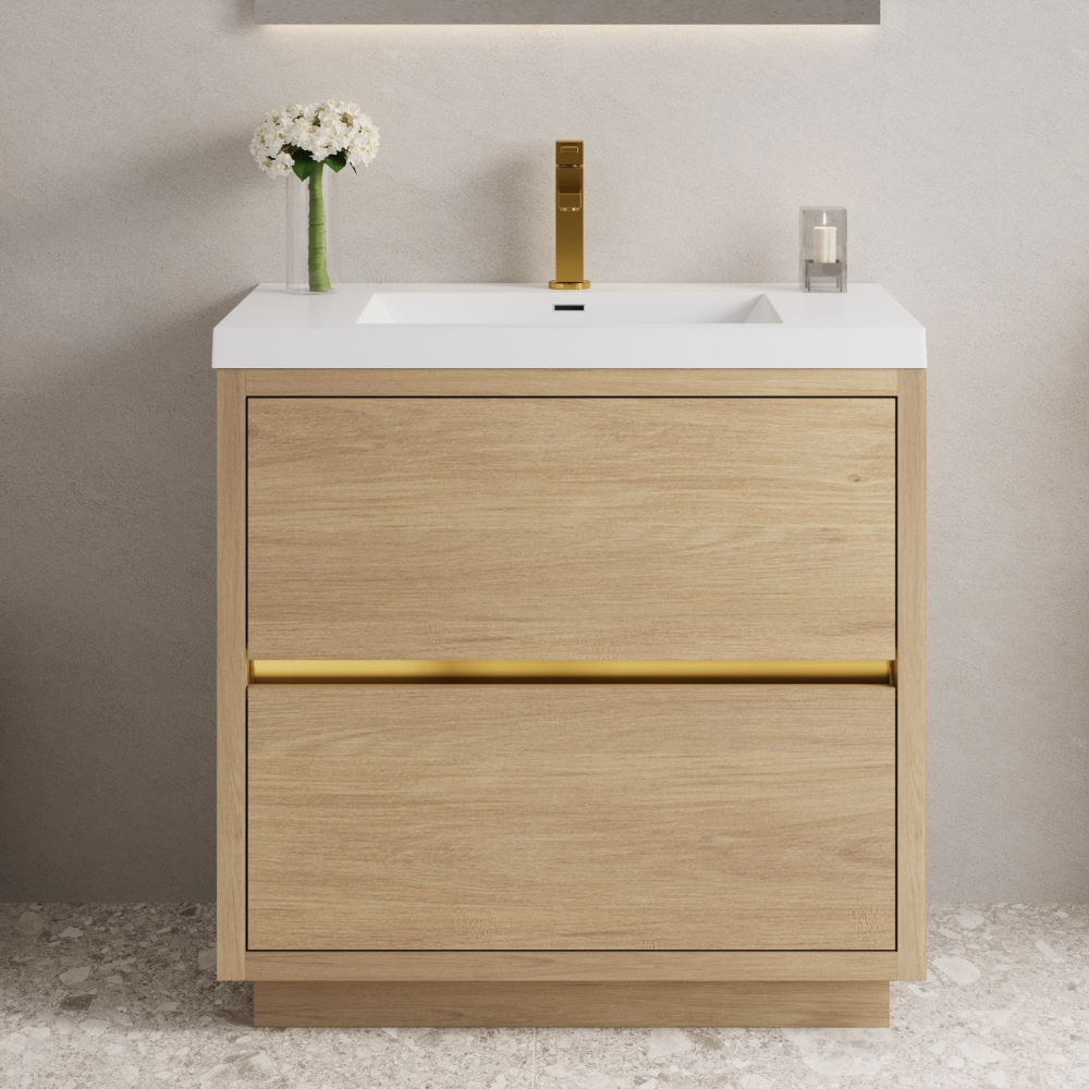 36" Freestanding Bathroom Vanity with Sink, Bathroom Storage Vanity Cabinet with Stone Resin Countertop and Soft Close Drawers, Natural Oak 24V14-36NO