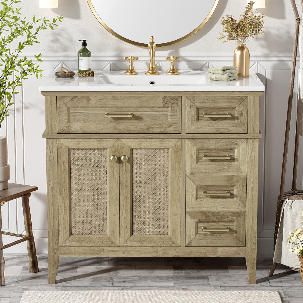 36" Bathroom Vanity with Ceramic Sink, Rubberwood Frame, 2 Soft Close Doors, 1 Flip-Down Drawer, 1 Shallow Drawer, 1 Deep Drawer, Adjustable Shelf, Space-Saving Design for Small Bathrooms