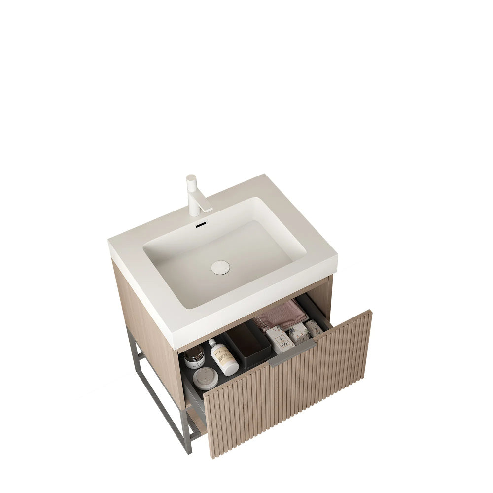 YOLAN 24" Bathroom Vanity with Sink, Freestanding Plywood Striped Storage Cabinet with Drawer and Open Shelf, White Rectangular Integrated Basin without Faucet, Pre-assembled, Light Brown Oak Color