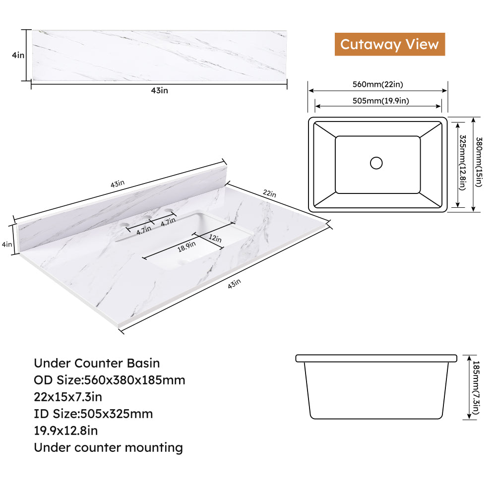 43 Inch Marble Vanity Top, White Vanity Top with 3 Pre-drilled Faucet Holes, Bathroom Vanity Top with Undermount Rectangular Middle Sink and 4" Height Backsplash, Bianco Carrara Venato