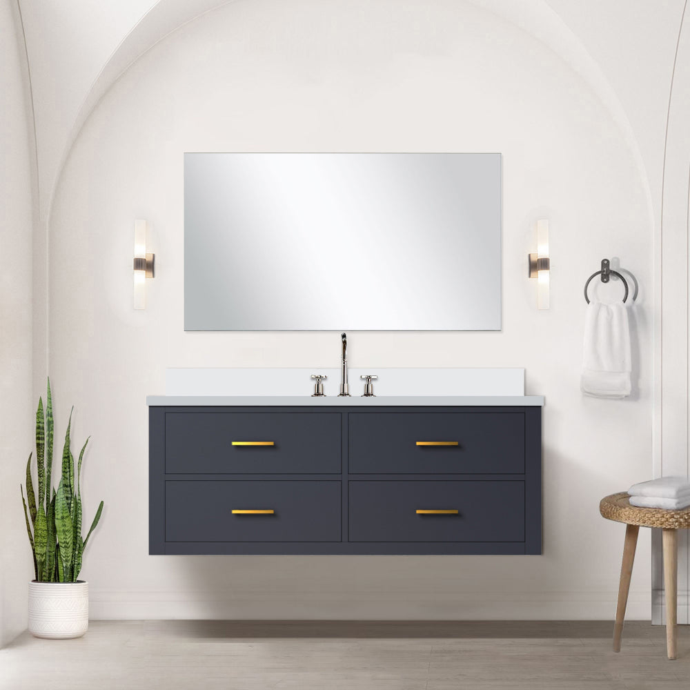White Single Bath Vanity 48 in. W x 22 in. D, White Quartz Countertop, 43 in. Mirror and Faucet Set