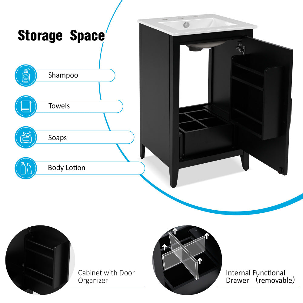 20.3" Bathroom Vanity with Sink, Functional Drawer, Door Shelf, Soft-closing Door, Black