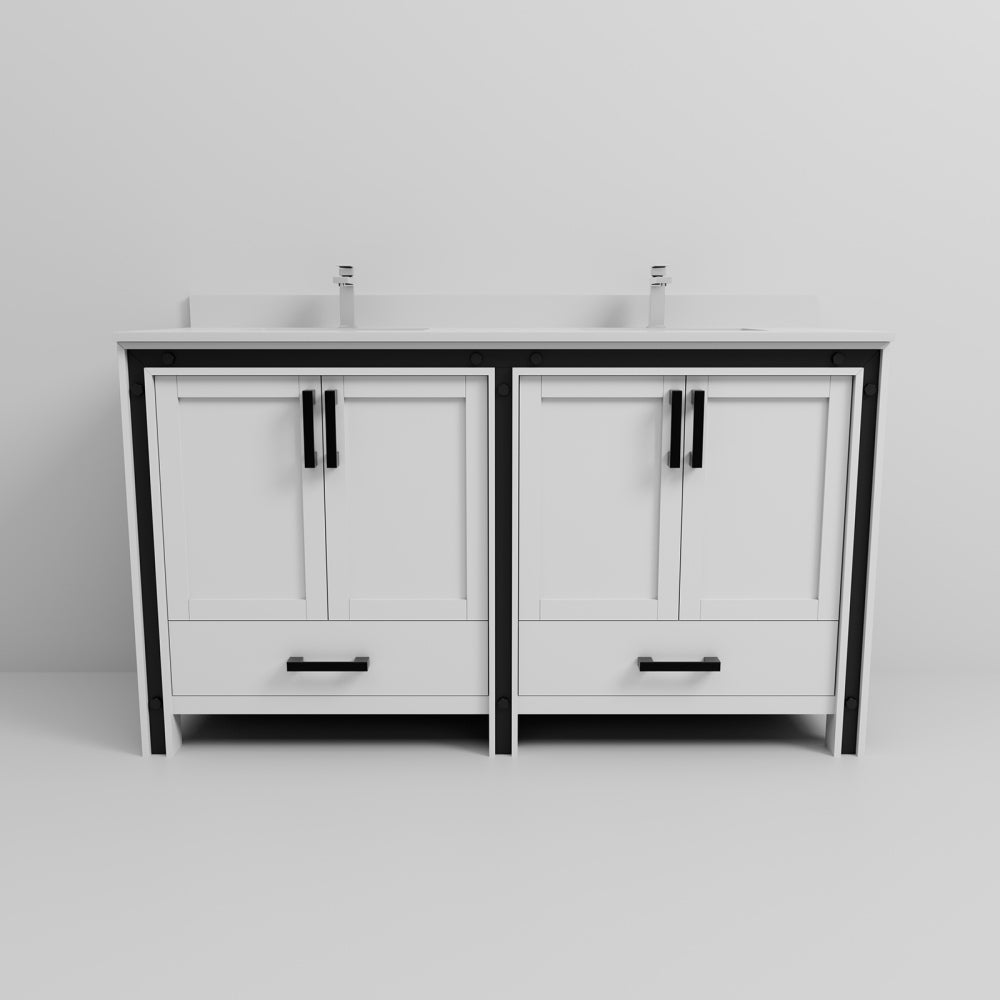 White Double Bath Vanity 60 in. W x 22 in. D, White Quartz Top and Faucet Set