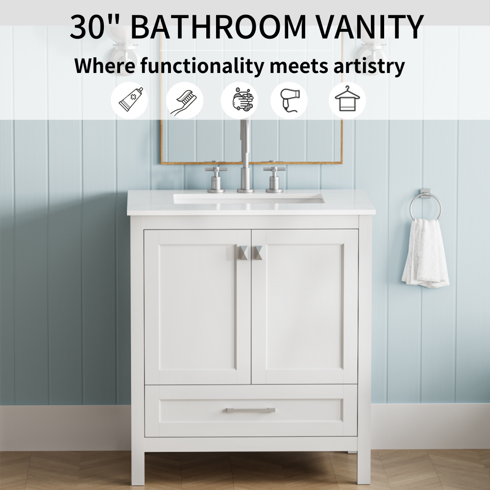 30" Freestanding Bathroom Vanity with Sink, Carrara Engineered Marble Vanity Top with Under-mounted Rectangular Ceramic Sink, Large Storage Soft-Close Door, Solid Wood Frame, White 24V03-30WH