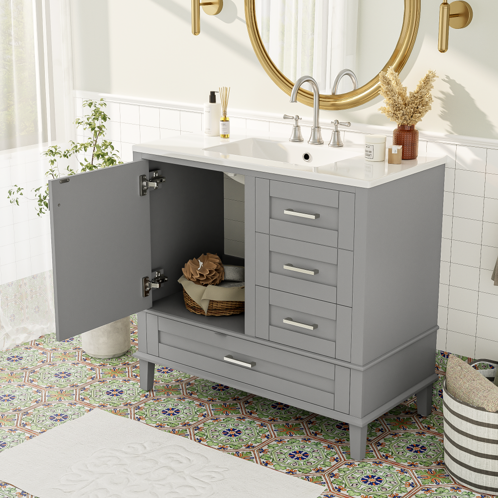 36" Grey Bathroom Vanity with Solid Pine Frame, 1 Soft Close Door and 3 Drawers , Modern Storage Cabinet (The Same Series as WF321698)