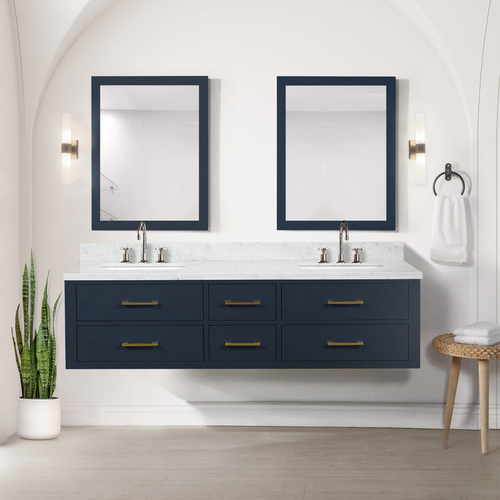 Blue Double Bath Vanity 72 in. W x 22 in. D, Carrara Marble Top, and Faucet Set