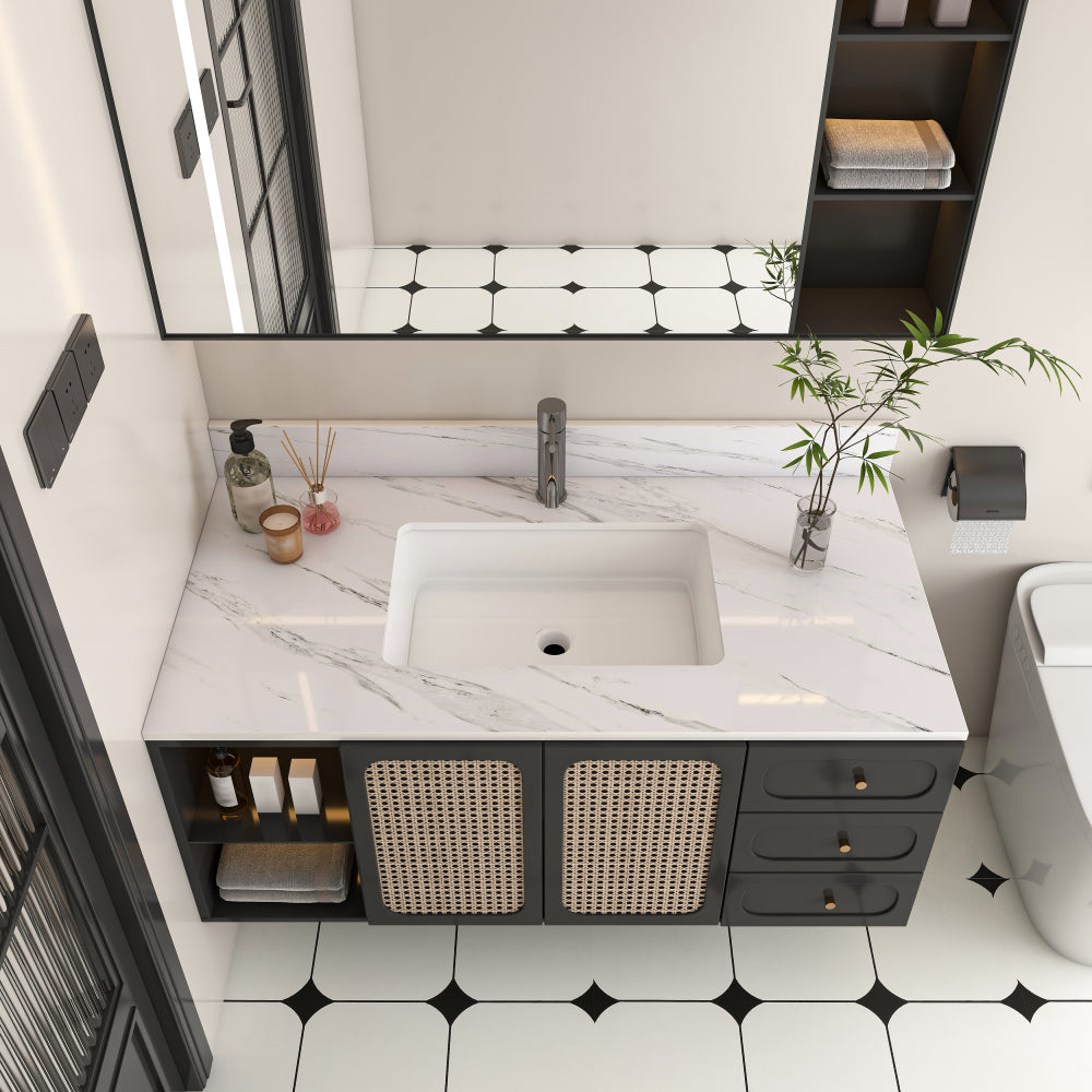 37 Inch Marble Vanity Top, White Vanity Top with 1 Pre-drilled Faucet Holes, Bathroom Vanity Top with Undermount Rectangular Middle Sink and 4" Height Backsplash, Bianco Carrara Venato