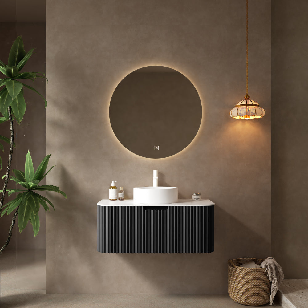 DINA 24" Bathroom Vanity with Sink, Wall-Mounted Floating Curved Edges Striped Bathroom Storage Cabinet with Drawer, White Round Ceramic Basin with Stone Pattern, Pre-assembled, Light Green Color