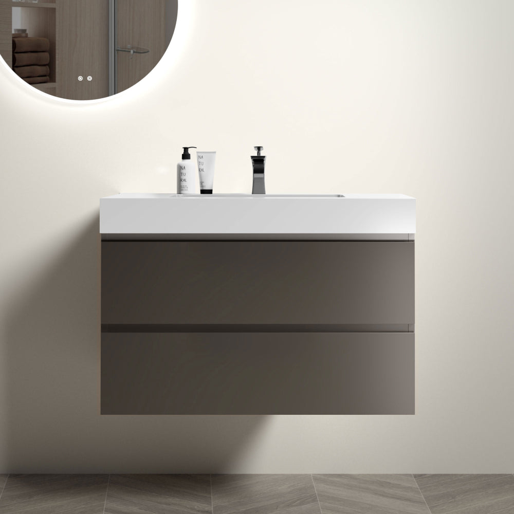 Alice 36" White Bathroom Vanity with Sink, Large Storage Wall Mounted Floating Bathroom Vanity for Modern Bathroom, One-Piece Black Sink Basin without Drain and Faucet, Pre-assembled