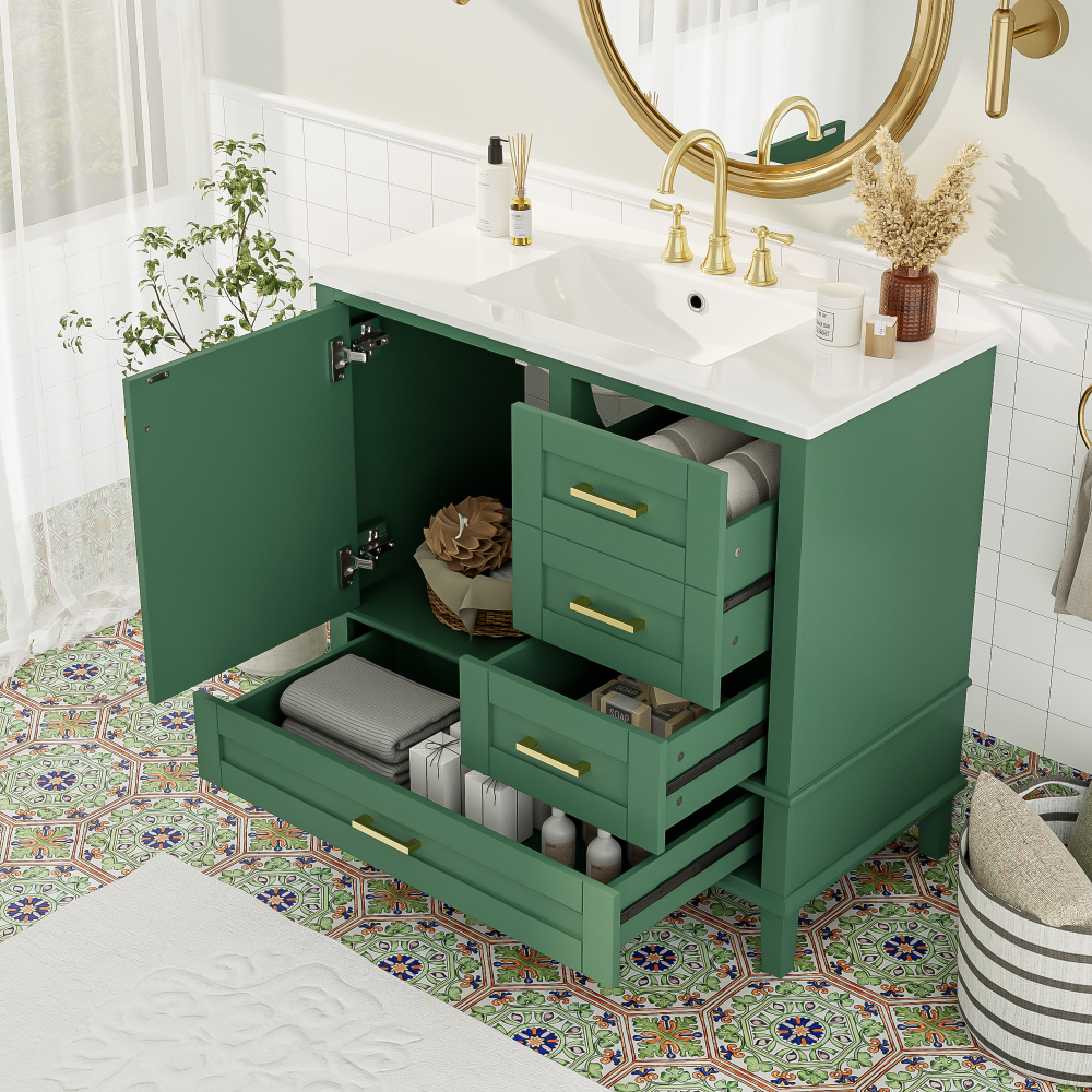 36" Grey Bathroom Vanity with Solid Pine Frame, 1 Soft Close Door and 3 Drawers , Modern Storage Cabinet (The Same Series as WF321698)