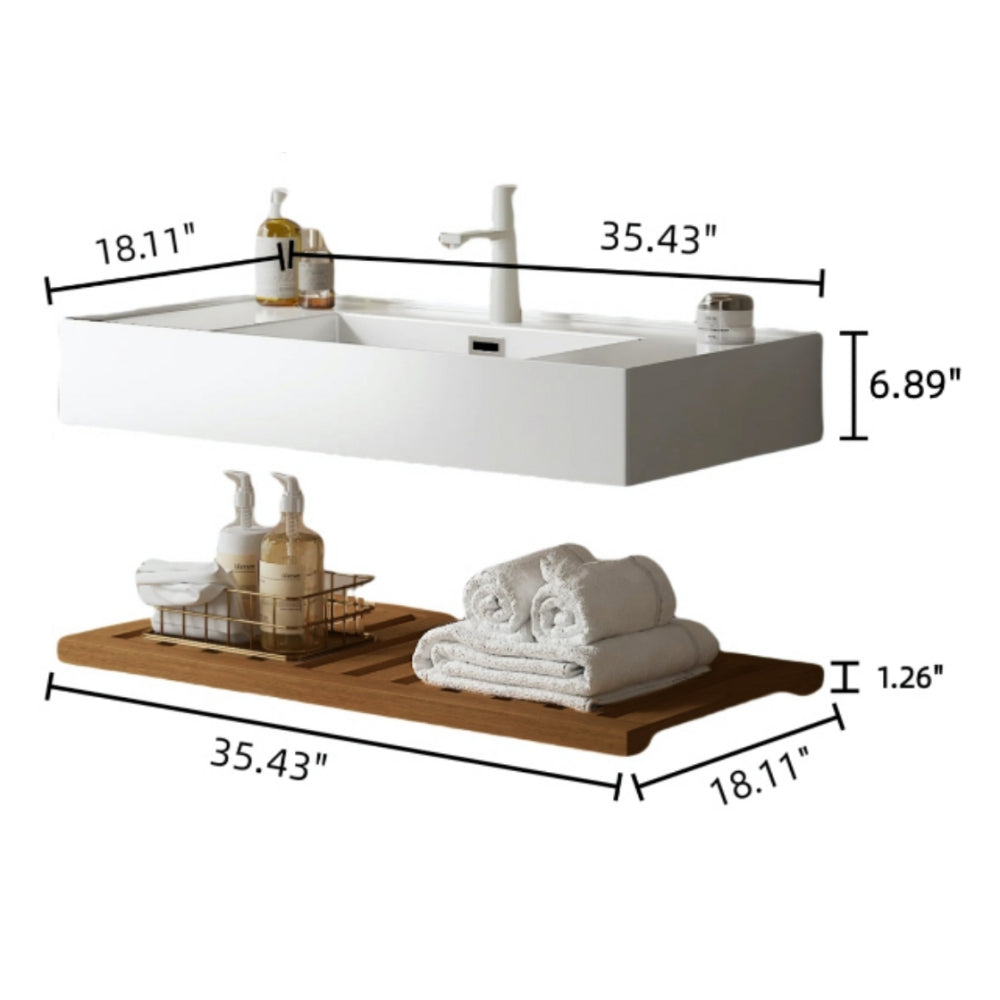 LEDE 36" Bathroom Vanity with Vessel Sink, Wall-Mounted Floating White Rectangular Acrylic Integrated Basin without Faucet, Striped Shelves Layer, Dark Walnut Woodgrain Color