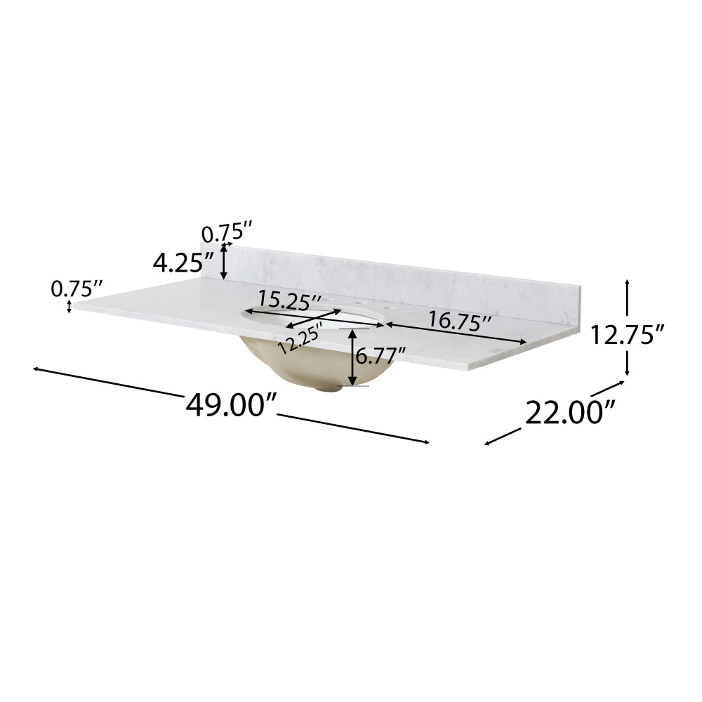 49'' Bathroom Vanity with Marble Top & Ceramic Sink, Two Doors, 4 Drawers, Open Shelf, White