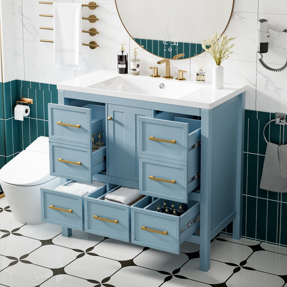36'' Bathroom Vanity with Resin Sink Combo, Solid Wood Frame Bathroom Storage Cabinet, Freestanding Vanity Set with 5 Drawers& Soft Closing Doors (Same as N710S136002B+SW000142AAB )
