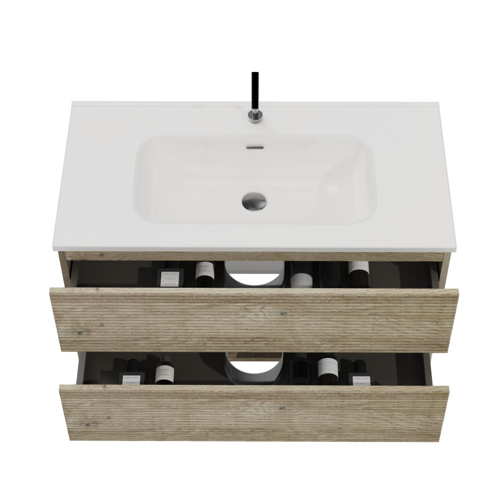Gloria 36" Wall Mounted Rough Oak&Rough Oak Bathroom Vanity with Integrated Ceramic Sink with Overflow, Large Storage Floating Bathroom Vanity for Modern Bathroom, Pre-assembled