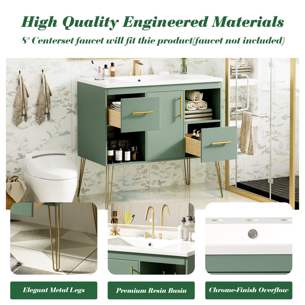 36'' Bathroom Vanity with Resin Sink Combo Set, Modern Freestanding Single Bathroom Cabinet with 2 Drawers & 2 Storage Compartments, Storage Cabinet for Bathroom, Solid Wood Frame Vanity Set, Green