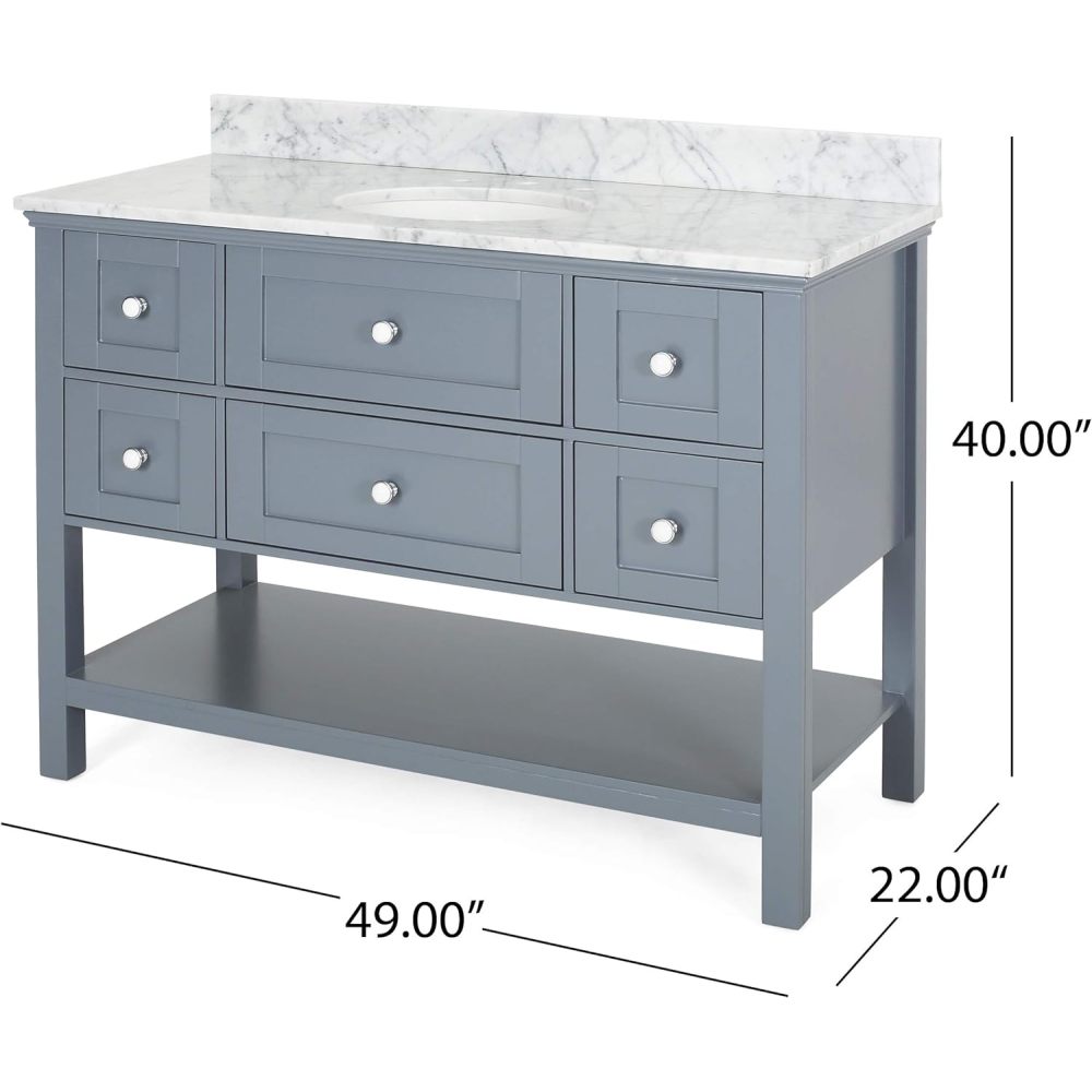 49'' Bathroom Vanity with Marble Top & Ceramic Sink, Open Shelf, 5 Drawers, Gray (Same as N759S999002G)