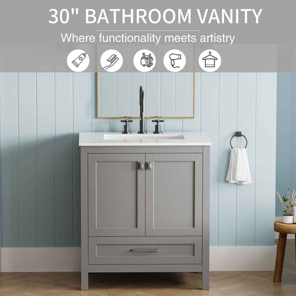 30" Freestanding Bathroom Vanity with Sink, Carrara Engineered Marble Vanity Top with Under-mounted Rectangular Ceramic Sink, Large Storage Soft-Close Door, Solid Wood Frame, Grey 24V03-30GR