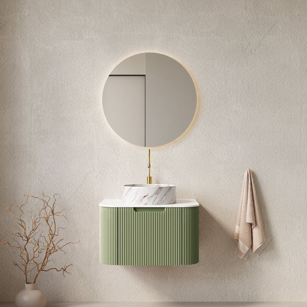 DINA 36" Bathroom Vanity with Sink, Wall-Mounted Floating Curved Edges Striped Bathroom Storage Cabinet with a Drawer, White Round Ceramic Basin without Faucet, Pre-assembled, Natural Woodgrain Color