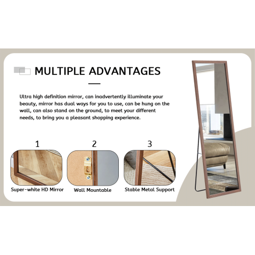 Third generation packaging upgrade, thickened border, brown wood grain solid wood frame full length mirror, dressing mirror, bedroom entrance, decorative mirror, and floor standing mirror. 57.9"*18.1"
