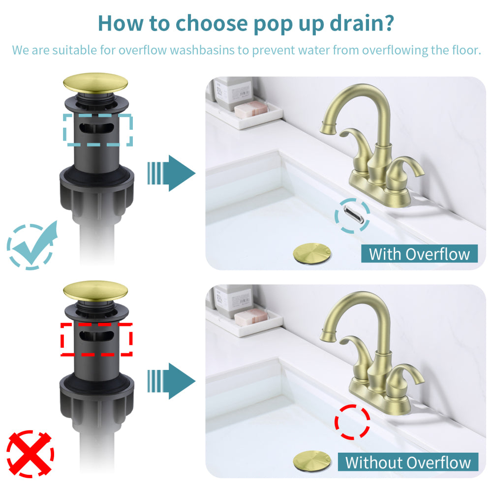 Bathroom Faucet 2-Handle Brushed Gold with 360 Degree Rotating Spout, Crescent Moon Style 4-inch Centerset Vanity Sink with Pop-Up Drain and Supply Hoses, FR4090-BG