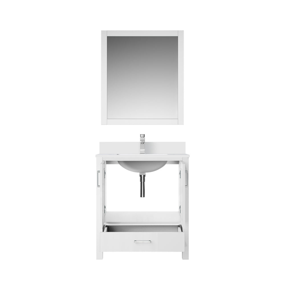 White Bath Vanity 30 in. W x 22 in. D, Cultured Marble Top, Faucet Set, and 28 in. Mirror