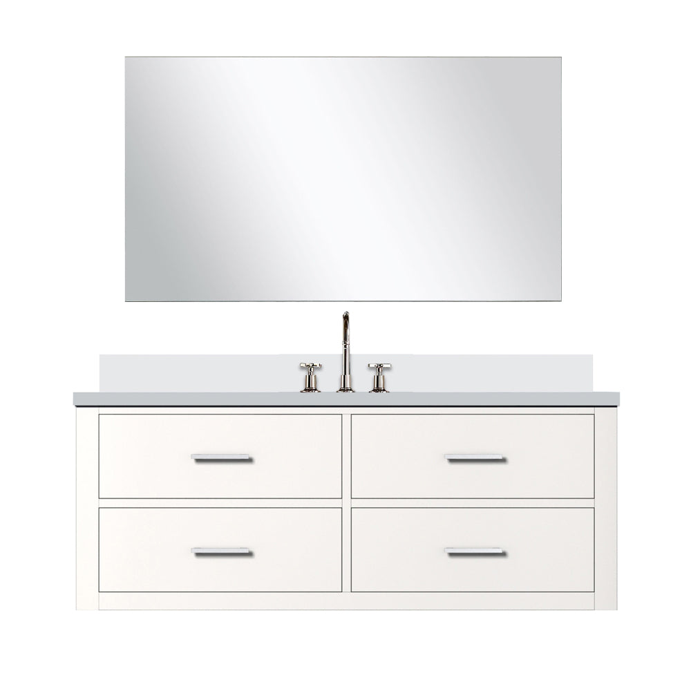 White Single Bath Vanity 48 in. W x 22 in. D, White Quartz Countertop, 43 in. Mirror and Faucet Set