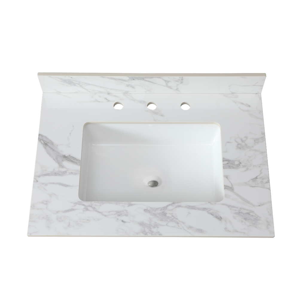 37"x22"Bathroom Vanity Top,sintered stone carra white Barthroom Vanity Sink Tops with Rectangular Undermount Ceramic Sink with Vanity Backsplash, Single Faucet Hole Bathroom Vanity Countertop