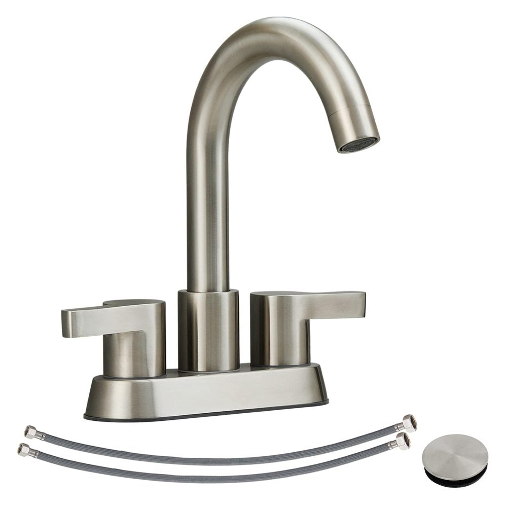 Brushed Gold Bathroom Faucet 4 Inch Centerset Bathroom Faucet, Gold Bathroom Vanity Lavatory Faucets for Sink 3 Hole 2 Handle, Swivel Spout with Brass Drain Assembly