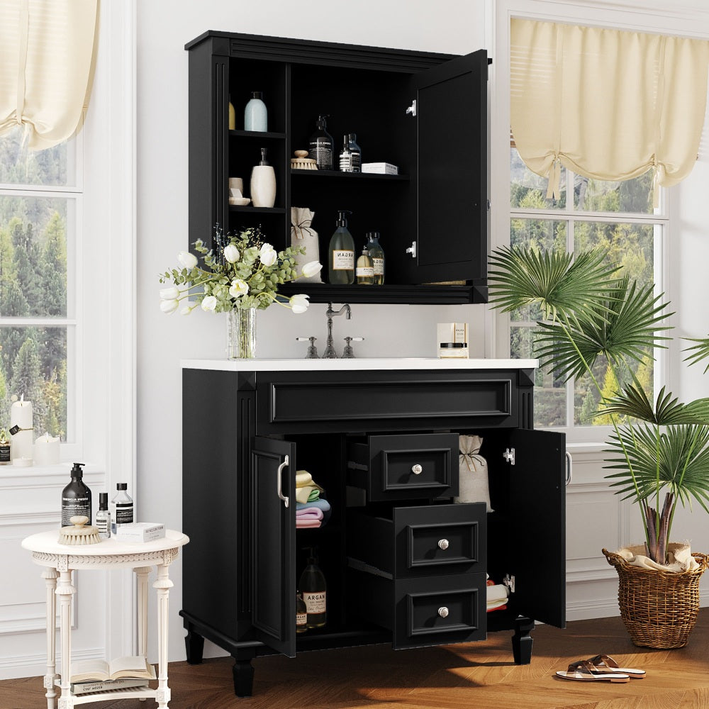 36'' Bathroom Vanity with Top Sink, Black Mirror Cabinet, Modern Bathroom Storage Cabinet with 2 Soft Closing Doors and 2 Drawers, Single Sink Bathroom Vanity