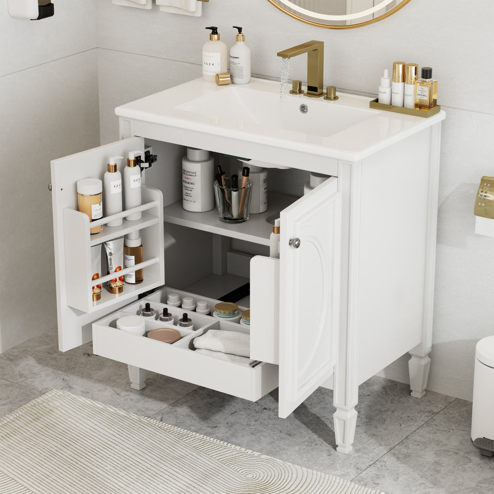 20" Bathroom Vanity with Matching Mirror Medicine Cabinet Combo Set, Modern Bathroom Storage Cabinet with Ceramic Sink, Wall-Mounted Medicine Cabinet for Bathroom, White