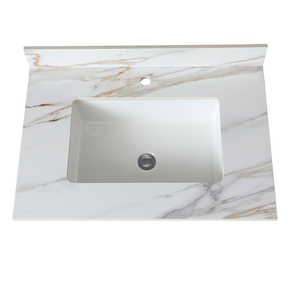 31 Inch Marble Vanity Top, Bathroom Vanity Top with Undermount Rectangular Middle Sink and 4" Height Backsplash, Pre-Drilled Faucet Hole Vanity Top, Carrara white with veins