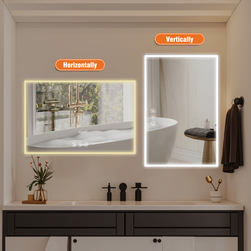 48*32in LED Framed Bathroom Vanity Mirror, Aluminum Frame with 45° Beveled Angle Beveled Lights, 3 Colors, Anti-fog, Suitable for Modern Decoration