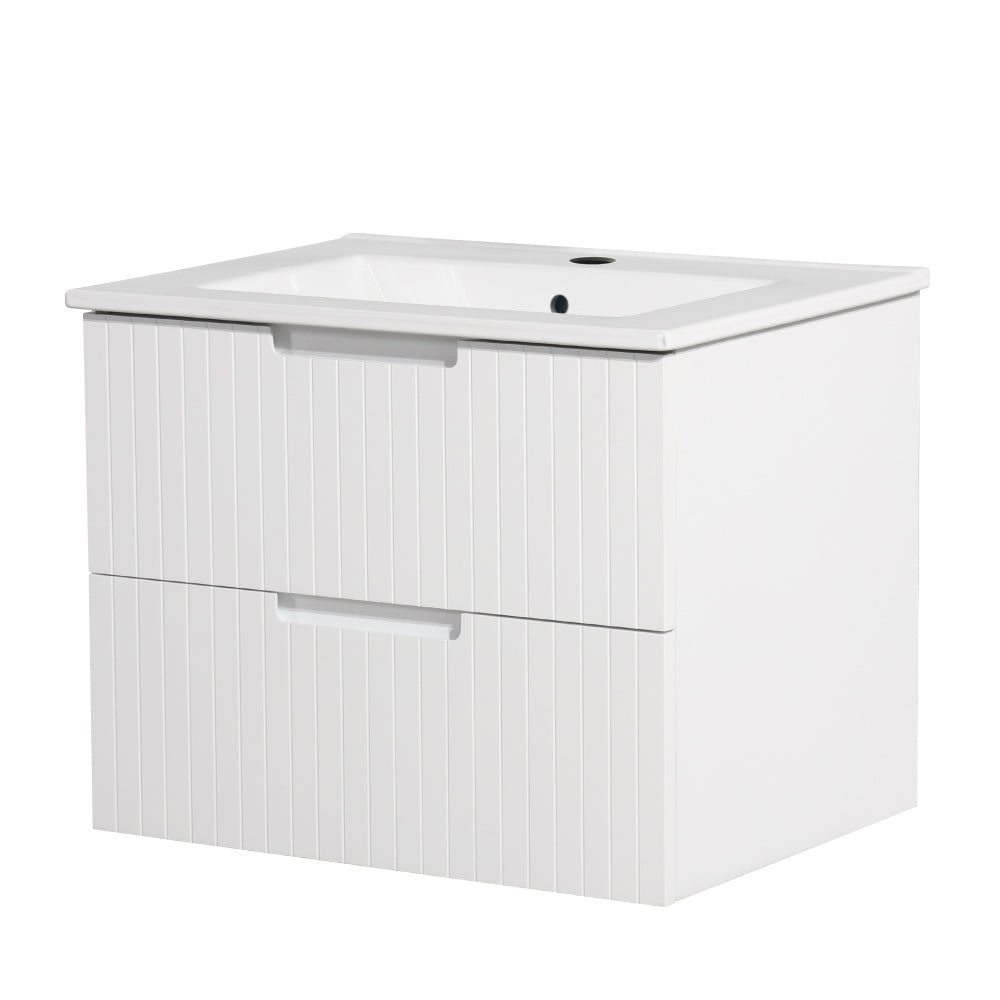 24 Inch Floating Bathroom Vanity with Ceramic Sink, Modern Bath Storage Cabinet Vanity with Drawers Wall Mounted Combo Set for Bathroom, Light Brown