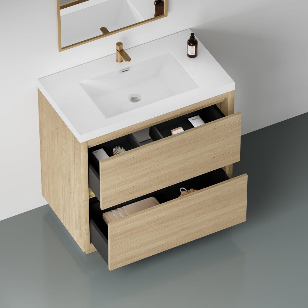 36" Freestanding Bathroom Vanity with Sink, Bathroom Storage Vanity Cabinet with Stone Resin Countertop and Soft Close Drawers, Natural Oak 24V14-36NO